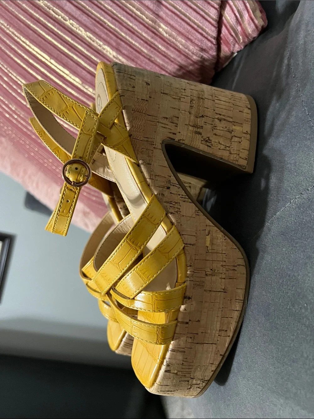 Yellow Platform Sandals with Cork Heel - Women